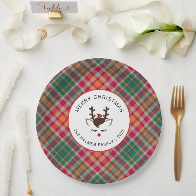 Elegant Tartan Plaid & Reindeer Christmas Family Pappteller (Hochzeit)
