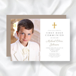 Elegant Taupe Cross Foto Boy First Communation Einladung