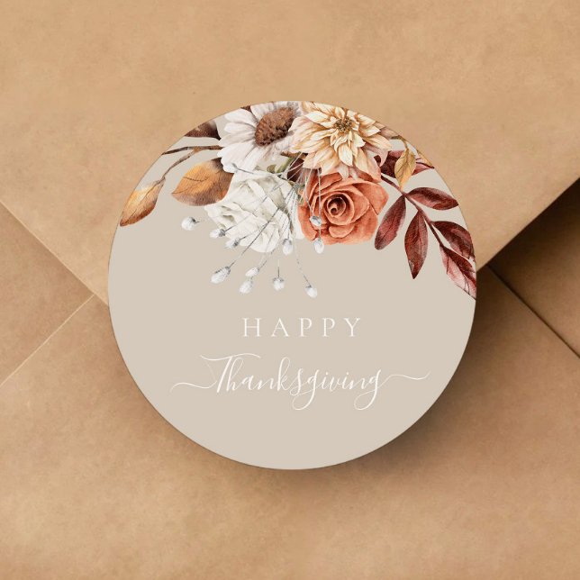 Elegant Taupe Fall Floral Happy Thanksgiving Runder Aufkleber (Elegant Taupe Fall Floral Happy Thanksgiving Classic Round Sticker)