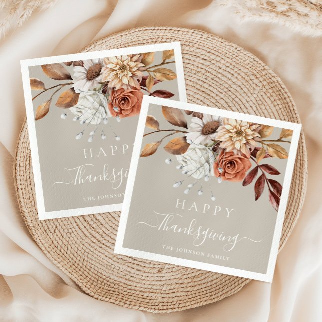 Elegant Taupe Fall Floral Happy Thanksgiving Serviette (Elegant Taupe Fall Floral Happy Thanksgiving Napkins
)
