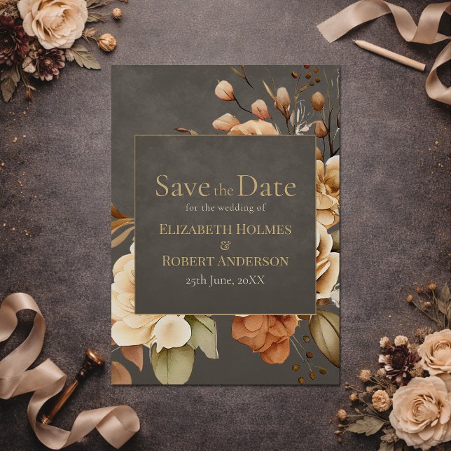 Elegant Taupe Floral Save the Date (Elegant Taupe Floral Save the Date on a dark table with flowers)