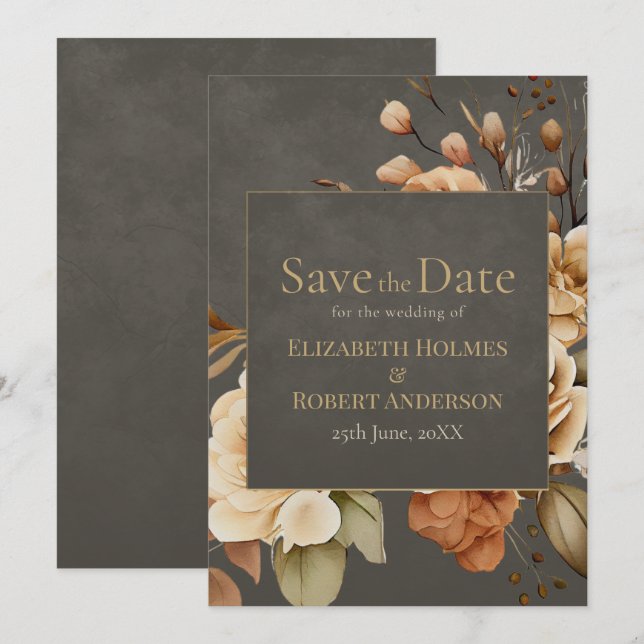 Elegant Taupe Floral Save the Date (Devant / Derrière)