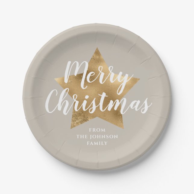 Elegant Taupe Imitate Gold Star Frohe Weihnachten Pappteller (Vorderseite)