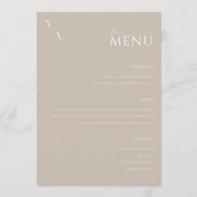 Elégant Taupe Moderne Minimaliste Menu Mariage (Devant)
