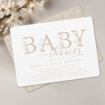 Elegant Taupe Neutral Floral Baby Shower Typograph