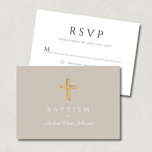 Elegant Taupe Religiöse Kreuztaufe RSVP Karte