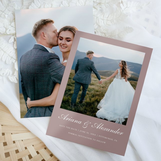 Elegant Taupe Script Zwei-Foto Hochzeit Save The Date (Von Creator hochgeladen)
