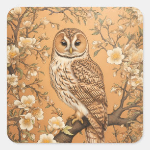 Elegant Tawny Owl William Morris Inspiriert Quadratischer Aufkleber