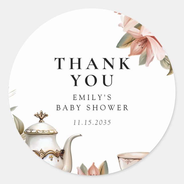 Elegant Tea Party Baby Shower Runder Aufkleber (Vorderseite)