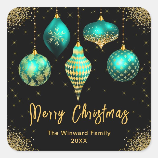 Elegant Teal and Gold Ornament Christmas Quadratischer Aufkleber (Vorderseite)