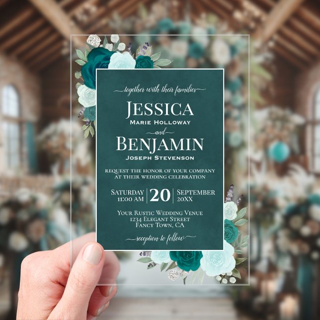 Elegant Teal & Aqua Roses Stylish Text Wedding Acryleinladungen (Clear Acrylic with Rectangle Cut)