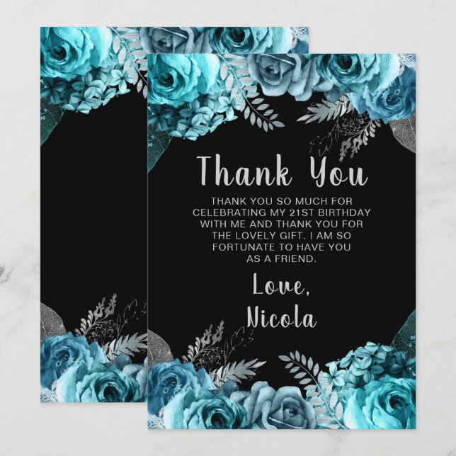 Elegant Teal Blue and Silver Flower Birthday Party Dankeskarte (Vorne/Hinten)