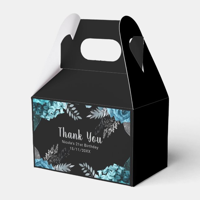 Elegant Teal Blue and Silver Flower Birthday Party Geschenkschachtel (Vorderseite)