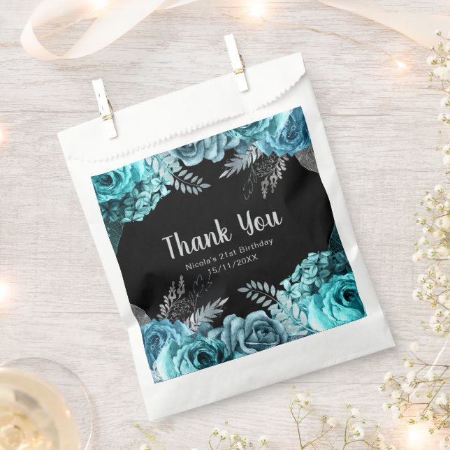 Elegant Teal Blue and Silver Flower Birthday Party Geschenktütchen (Ausgeschnitten)