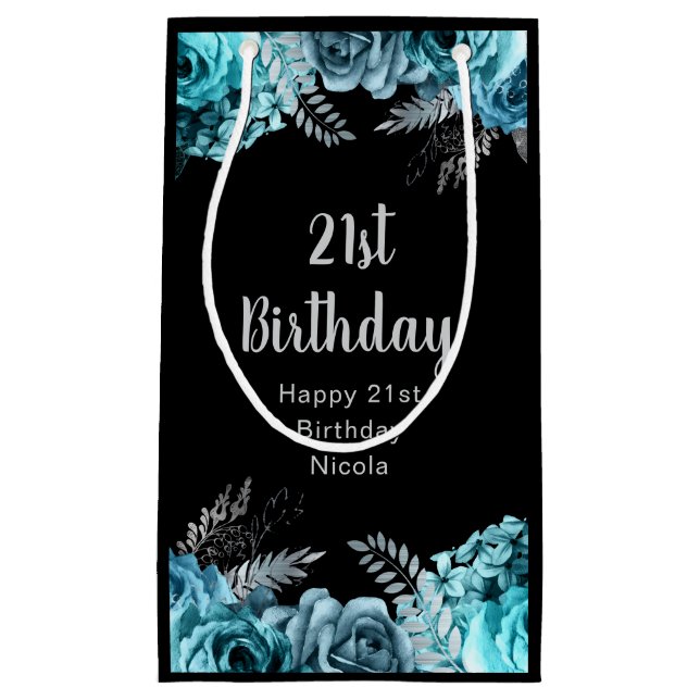 Elegant Teal Blue and Silver Flower Birthday Party Kleine Geschenktüte (Vorderseite)
