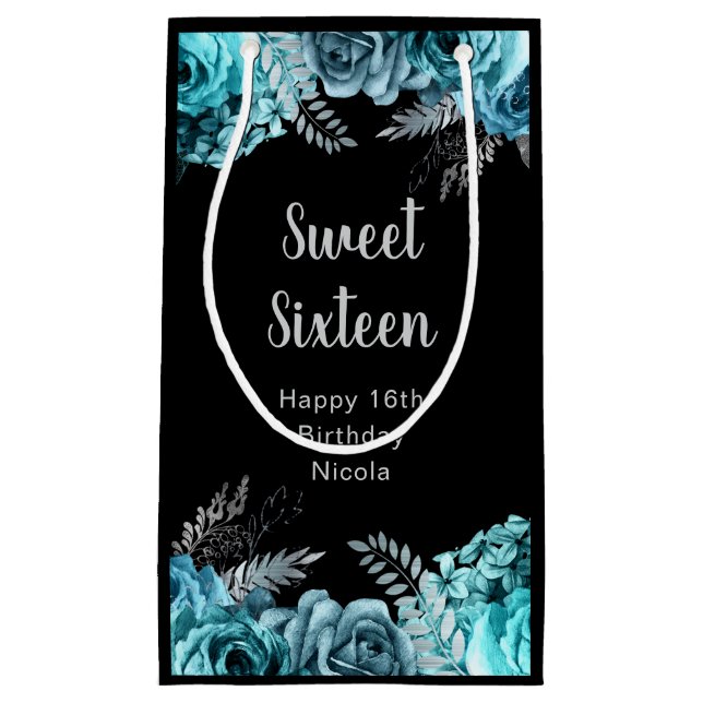 Elegant Teal Blue and Silver Flowers Sweet Sixteen Kleine Geschenktüte (Vorderseite)