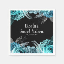 Elegant Teal Blue and Silver Flowers Sweet Sixteen