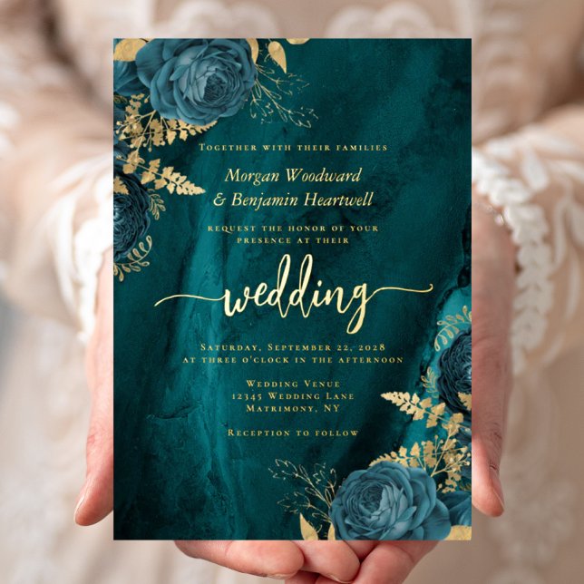 Elegant Teal Blue Gold Floral Wedding Folieneinladung (Von Creator hochgeladen)