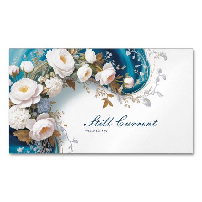 Elegant Teal Blue Gold Silver Floral Peony Magnetische Visitenkarte (Vorderseite)