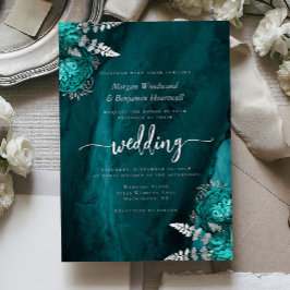 Elegant Teal Blue Silver Floral Wedding Folieneinladung