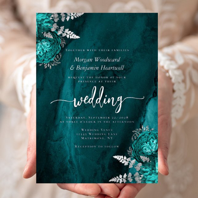 Elegant Teal Blue Silver Floral Wedding Folieneinladung (Von Creator hochgeladen)