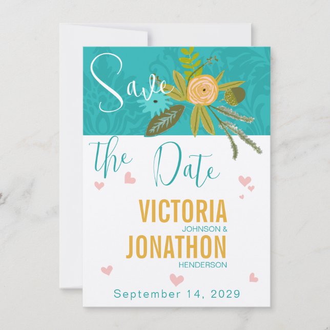 Elegant Teal Damask Turquoise Pink Gold Wedding Save The Date (Vorderseite)