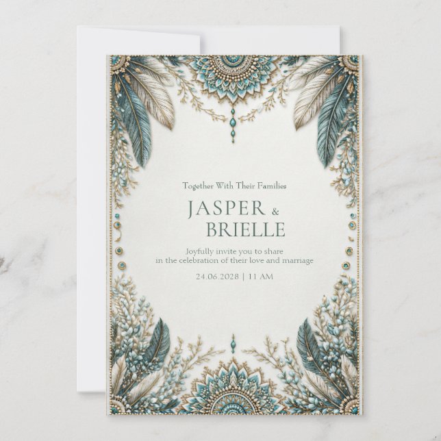 Elegant Teal Feather Ornate Filigree Wedding Einladung (Vorderseite)