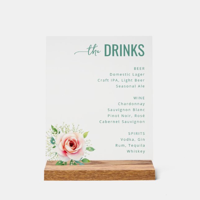 Elegant Teal Floral Beverage Menu Acrylschild (Vorderseite)