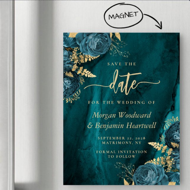 Elegant Teal Gold Floral Wedding Save the Date Magneteinladung (Von Creator hochgeladen)