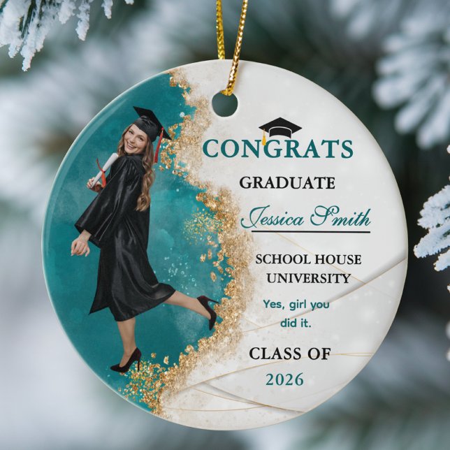 Elegant Teal & Gold Graduate Personalized Photo  Keramik Ornament (Von Creator hochgeladen)