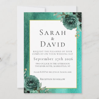 Elegant Teal Green Watercolor Floral Wedding Einladung