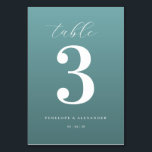 Elegant Teal Number Three Tischnummer<br><div class="desc">This elegant wedding table card features a minimalist design with a calming teal background and crisp white text. The focal point is the large, bold numeral "3" centered on the card, surrounded by an assortment of fonts that add visual interest without cluttering the layout. Customizable placeholders for names and dates...</div>