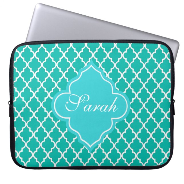 Elegant teal quatrefoil pattern monogram laptopschutzhülle (Vorderseite)