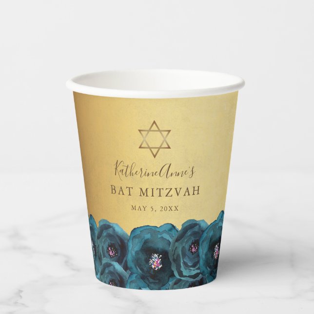 Elegant Teal Rose Floral Gold Bat Mitzvah Pappbecher (Vorderseite)