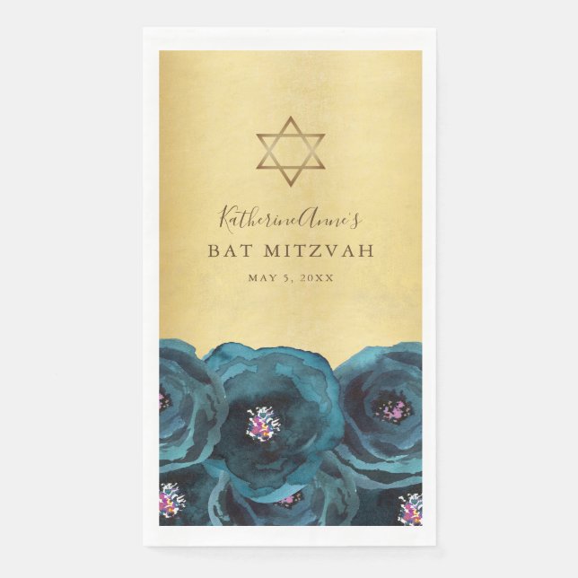 Elegant Teal Rose Floral Gold Bat Mitzvah Serviette (Vorderseite)