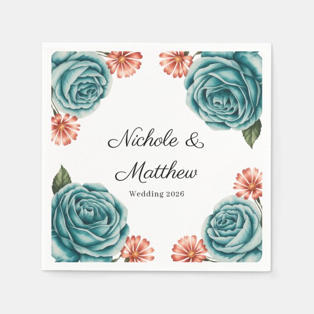 Elegant Teal Rose & Orange Daisey Wedding Serviette (Vorderseite)