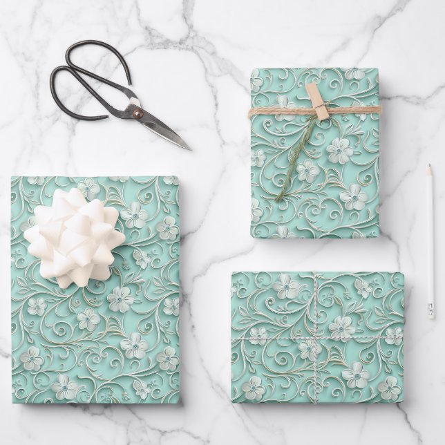 Elegant teal swirl flower pattern  geschenkpapier set (Vorderseite)