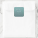 Elegant Teal Thank You Card Quadratischer Aufkleber<br><div class="desc">This wedding sticker features a minimalist and elegant design with a soft teal background, creating a calming and sophisticated atmosphere. The layout includes cursive script for the phrase "thank you" at the top, followed by customizable names and date in a clean sans-serif font, all in a light gray color that...</div>