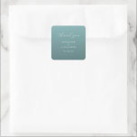 Elegant Teal Thank You Card Quadratischer Aufkleber<br><div class="desc">This wedding sticker features a minimalist and elegant design with a soft teal background, creating a calming and sophisticated atmosphere. The layout includes cursive script for the phrase "thank you" at the top, followed by customizable names and date in a clean sans-serif font, all in a light gray color that...</div>