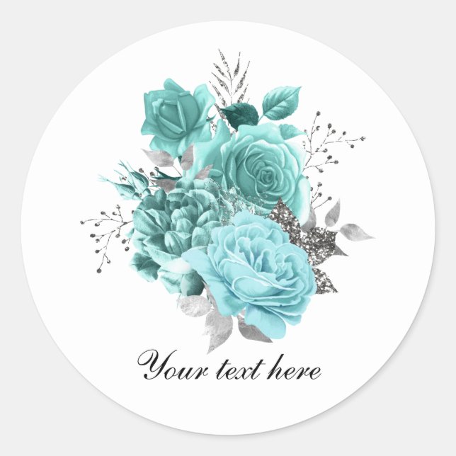 Elegant teal Wedding roses customizable Runder Aufkleber (Vorderseite)
