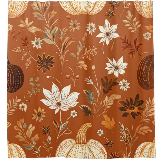 Elegant Terra Cota Pumpkin Herbst Blumenmuster Duschvorhang (Vorderseite)