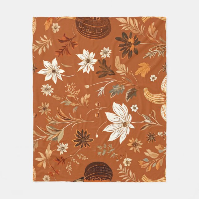 Elegant Terra Cota Pumpkin Herbst Blumenmuster Fleecedecke (Vorderseite)