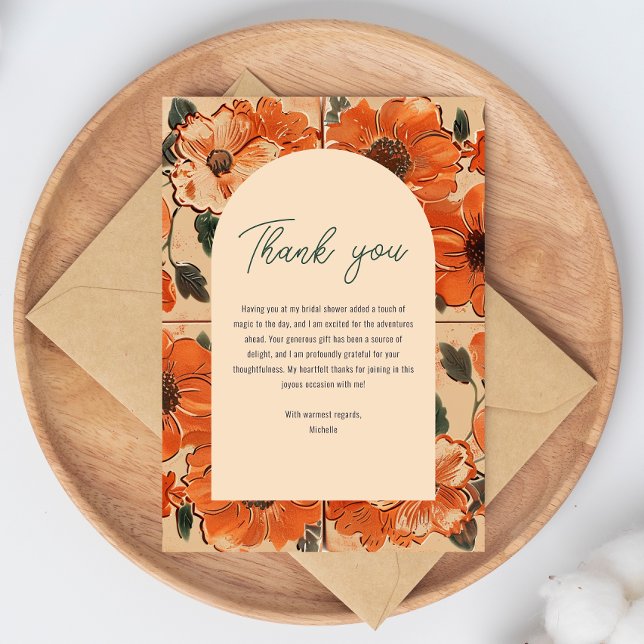 Elegant Terracotta Boho Brautparty Dankeskarte (A "Thank You" card with floral borders on a wood plate, expressing gratitude for a bridal shower gif)