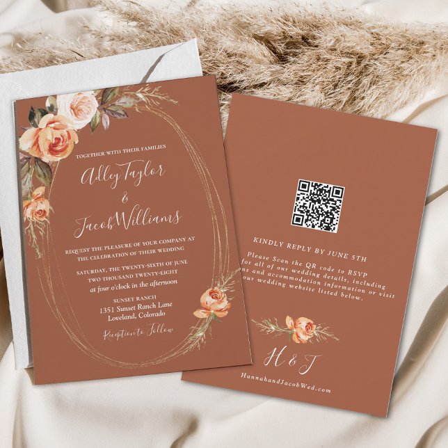 Elegant Terracotta Boho Floral QR Code Wedding Einladung (Von Creator hochgeladen)