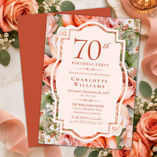 Elegant Terracotta Coral Roses 70th Birthday Party Einladung