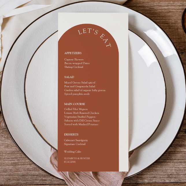 Elegant Terracotta & Cream Lasst uns Arch Wedding  Menükarte (Elegant Terracotta & Cream Let's Eat Arch Wedding Menu)