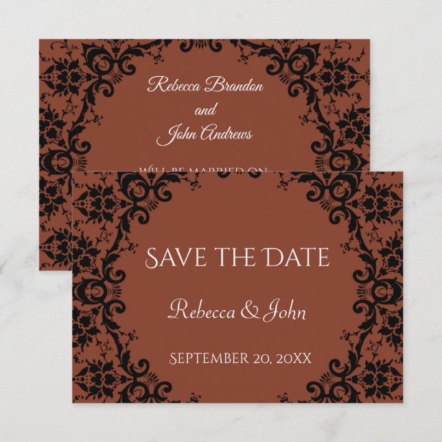 Elegant Terracotta Damask Floral Wedding Save The Date (Vorne/Hinten)
