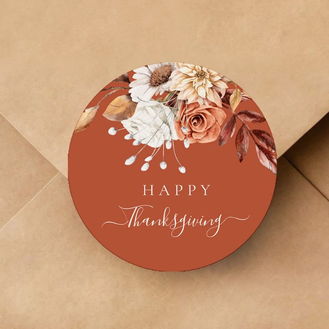 Elegant Terracotta Fall Floral Happy Thanksgiving Runder Aufkleber (Elegant Terracotta Fall Floral Happy Thanksgiving Classic Round Sticker)