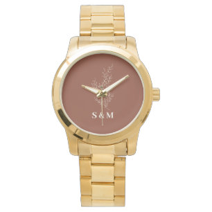 Elegant Terracotta Floral Newlyweds Monogram Armbanduhr