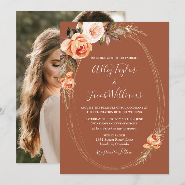 Elegant Terracotta Foto Boho Floral Wedding Einladung (Vorne/Hinten)